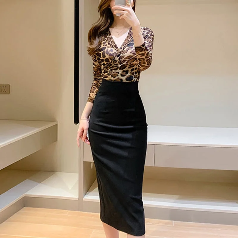 Spring Summer V-neck Leopard Patchwork Bodycon Dress Female Long Sleeve Sexy Evening Party Robe Vestidos Women Elegant Dresses