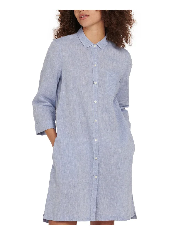 BARBOUR Womens Blue Cotton Blend Pocketed Heather Point Collar Above The Knee Shirt Dress