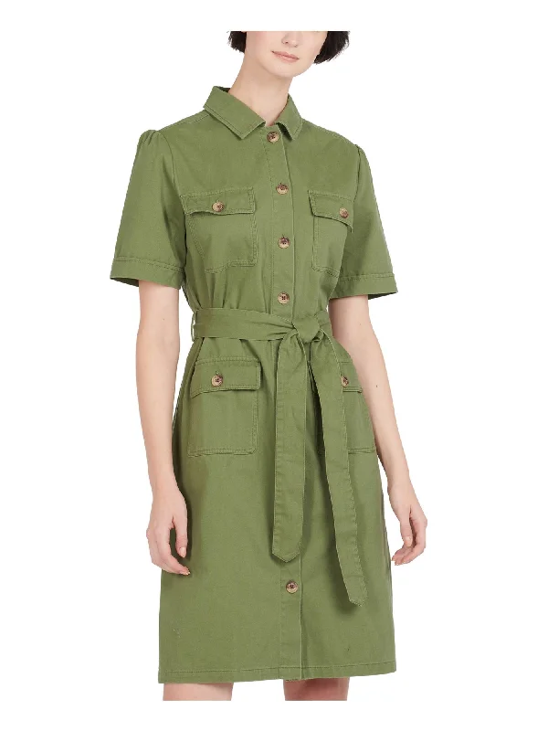 BARBOUR Womens Green Tie Pocketed Buttoned Utility Short Sleeve Point Collar Above The Knee Shirt Dress