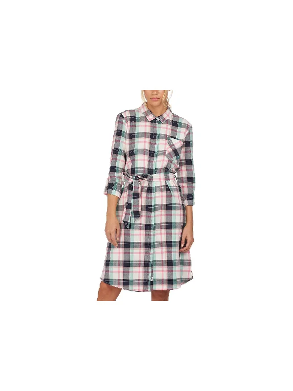 BARBOUR Womens Pink Pleated Pocketed Tie Belt  Hidden Placket Curve H Plaid Roll-tab Sleeve Point Collar Knee Length Shirt Dress