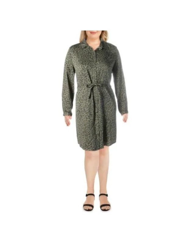 C AND C CALIFORNIA Womens Green Animal Print Long Sleeve Collared Knee Length Shirt Dress