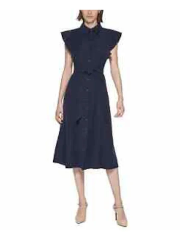 CALVIN KLEIN Womens Navy Belted Button Down Unlined Flutter Sleeve Collared Below The Knee Shirt Dress