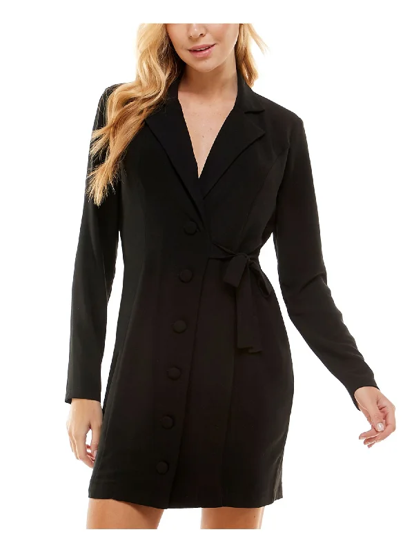 CITY STUDIO Womens Black Tie Lined Button Front Notched Collar Long Sleeve V Neck Short Party Shirt Dress