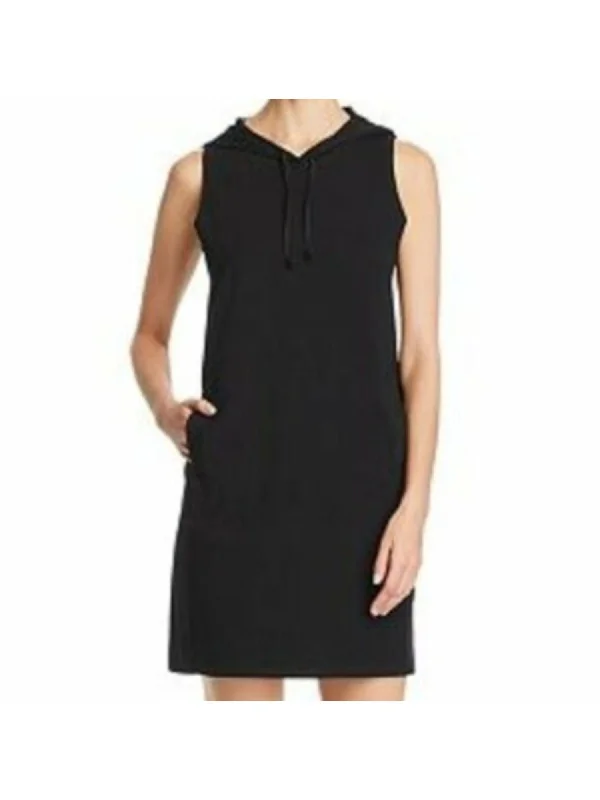 EILEEN FISHER Womens Black Stretch Pocketed Hooded Drawstring Sleeveless Above The Knee Shirt Dress