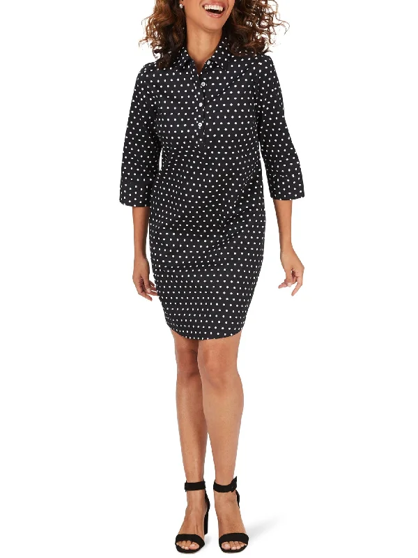 FOXCROFT Womens Black Polka Dot 3/4 Sleeve Collared Above The Knee Wear To Work Shirt Dress