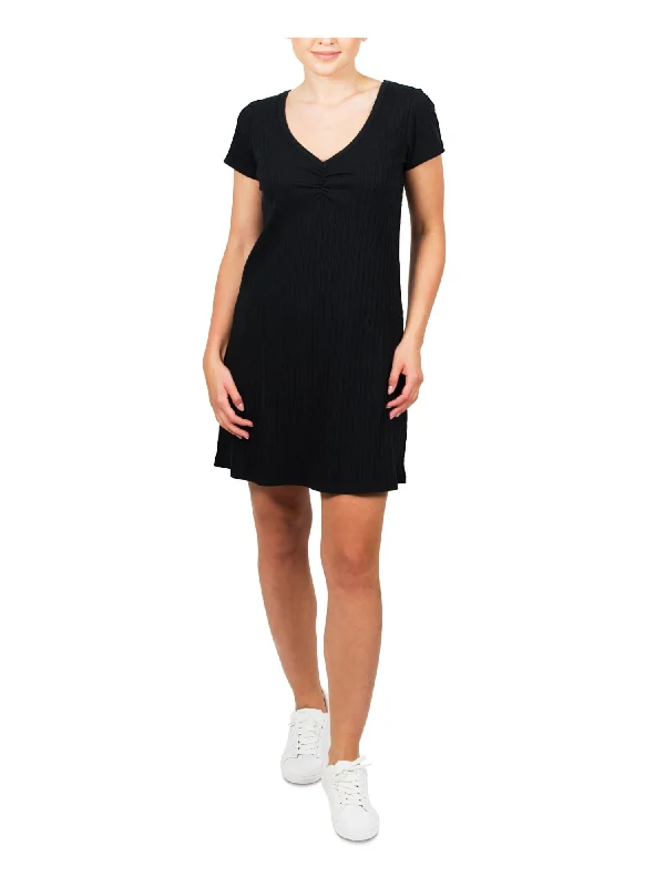 HIPPIE ROSE Womens Black Ribbed Cinched Front Short Sleeve V Neck Short T-Shirt Dress