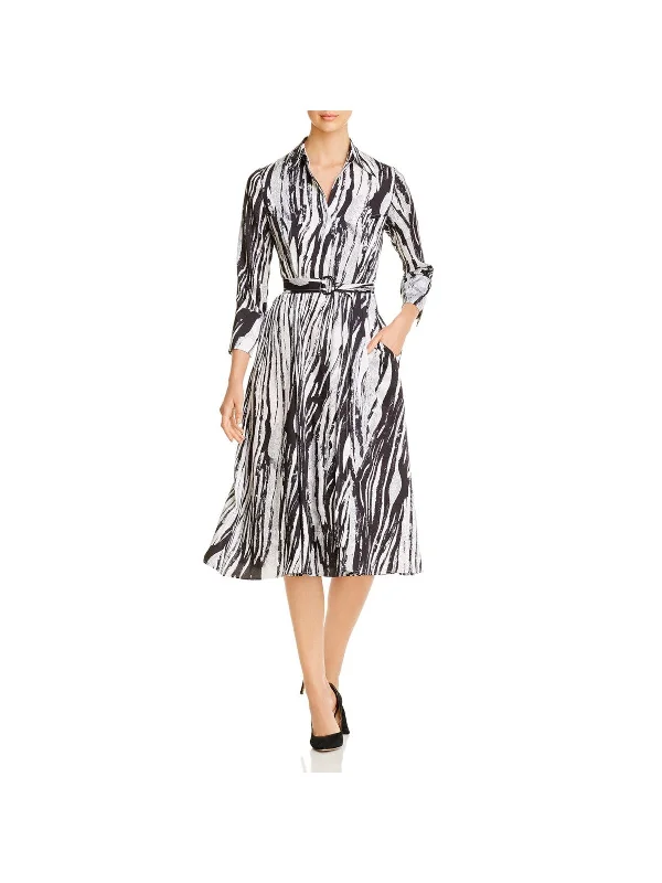 HUGO BOSS Womens Black Belted Animal Print 3/4 Sleeve Knee Length Wear To Work Shirt Dress