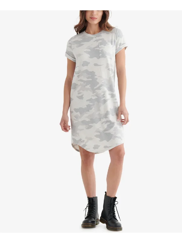 LUCKY BRAND Womens Gray Camouflage Short Sleeve Crew Neck Above The Knee T-Shirt Dress