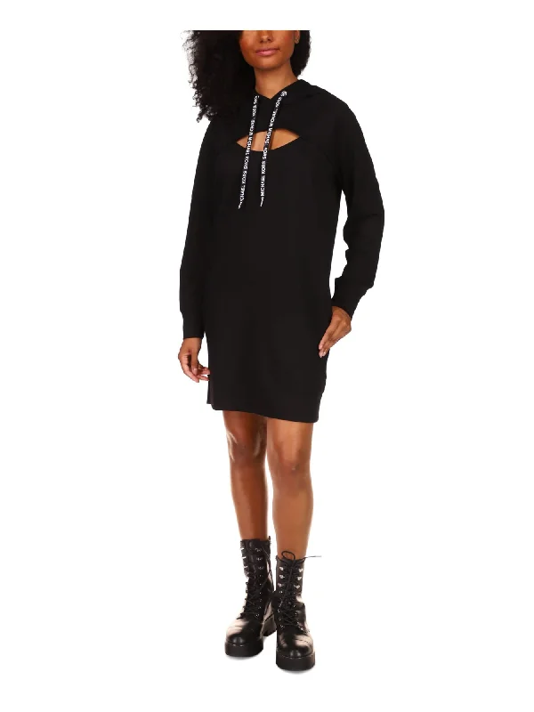 MICHAEL MICHAEL KORS Womens Black Cut Out Drawstring Hoodie Long Sleeve Above The Knee Sweatshirt Dress