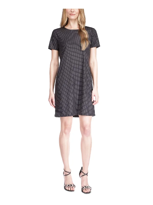 MICHAEL MICHAEL KORS Womens Black Zippered Unlined Sheer Polka Dot Short Sleeve Crew Neck Above The Knee T-Shirt Dress