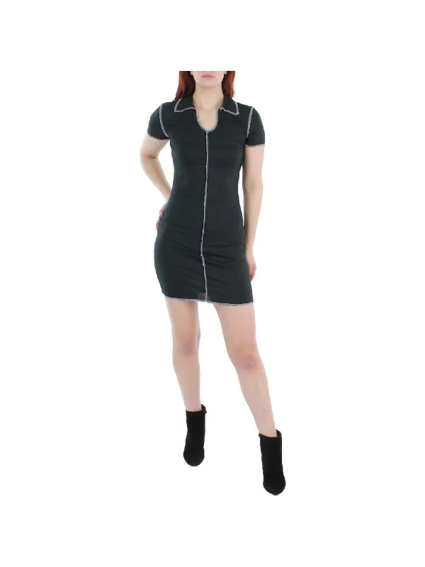 NO COMMENT Womens Black Fitted Ribbed Pullover Collared Short Sleeve Scoop Neck Short Shirt Dress