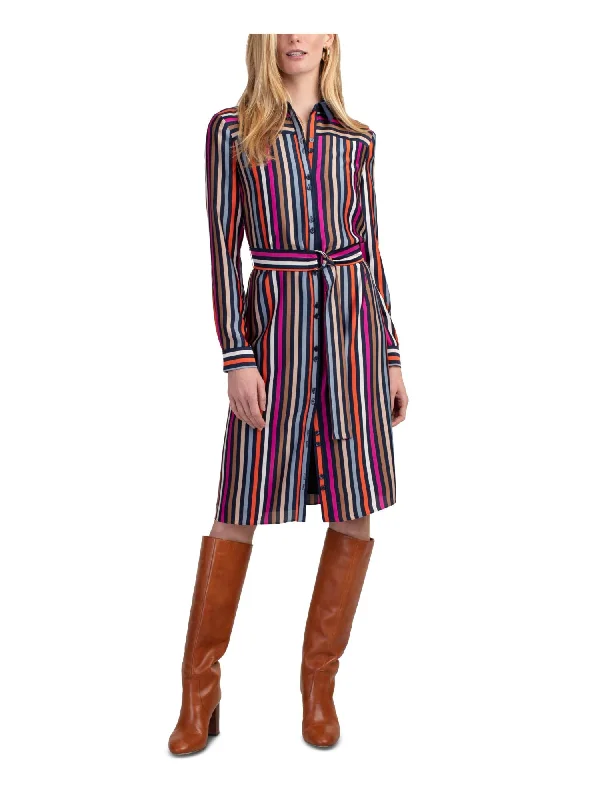 TRINA TURK Womens Navy Belted Satin Striped Cuffed Collared Knee Length Shirt Dress