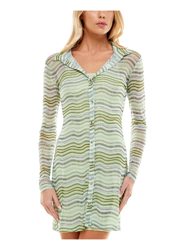 ULTRA FLIRT Womens Green Sheer Lined Overlay Striped Long Sleeve Collared Short Party Shirt Dress