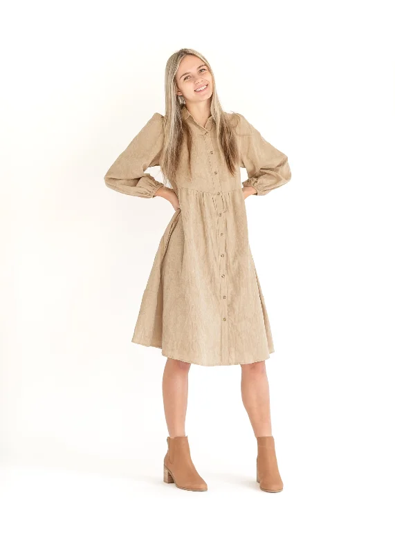 Button Up Textured Taupe Shirt Dress