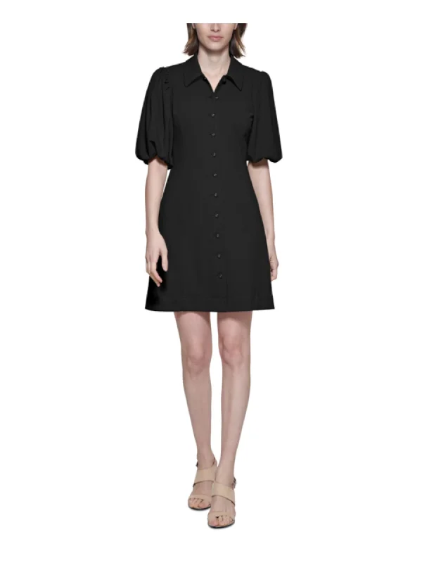 CALVIN KLEIN Womens Black Gathered Balloon Sleeve Point Collar Short Shirt Dress