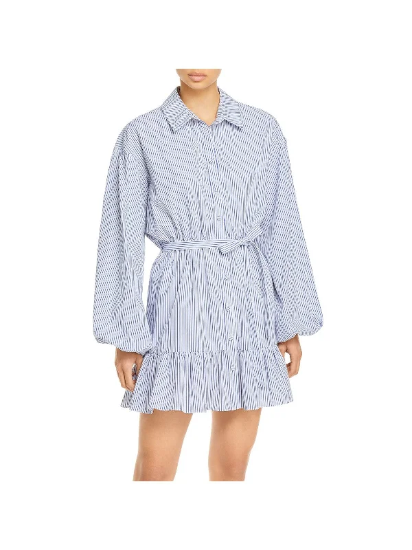 CINQ A SEPT Womens Blue Belted Ruffled Button Front Striped Balloon Sleeve Collared Short Party Shirt Dress