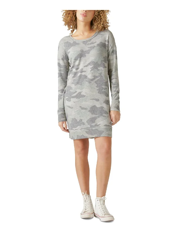 LUCKY BRAND Womens Gray Camouflage Long Sleeve Crew Neck Short Sweatshirt Dress