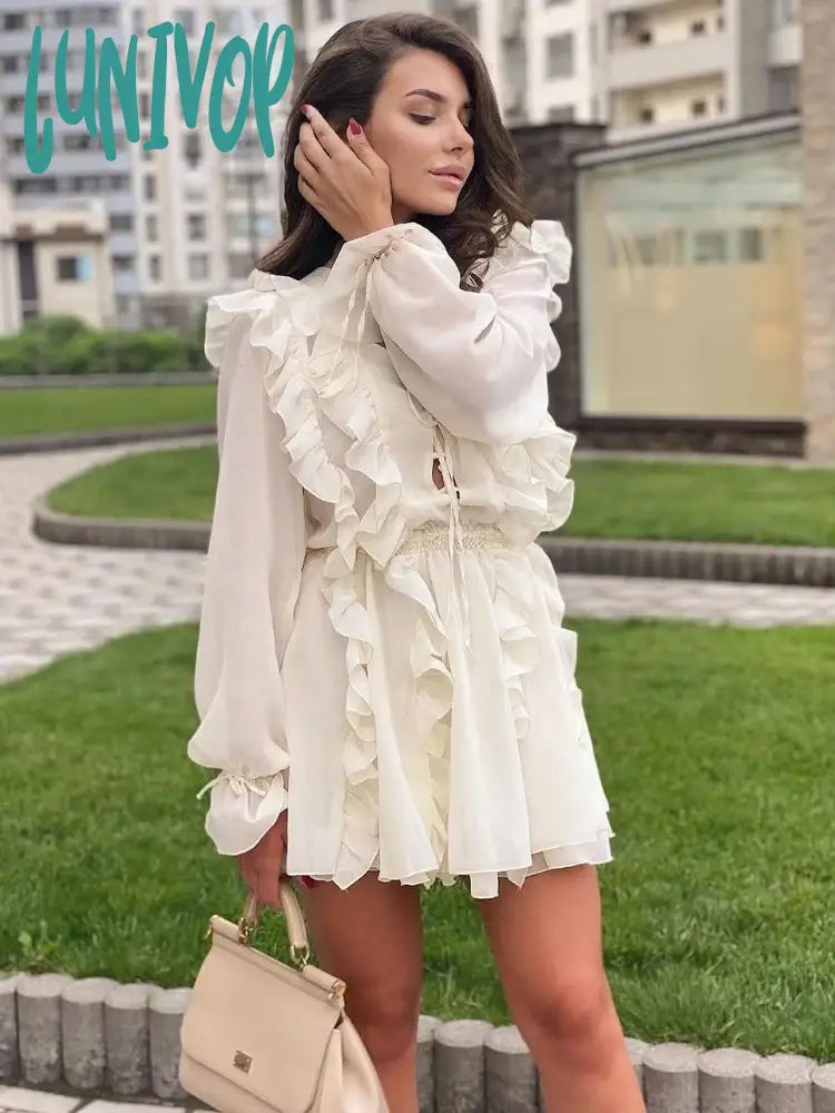 Lunivop Sheer Lace Mesh Dress Women Fashion Deep V Neck Bandage Ruffle Oversized Shirt Dress Femme Elegant Sexy Cover-up Woman