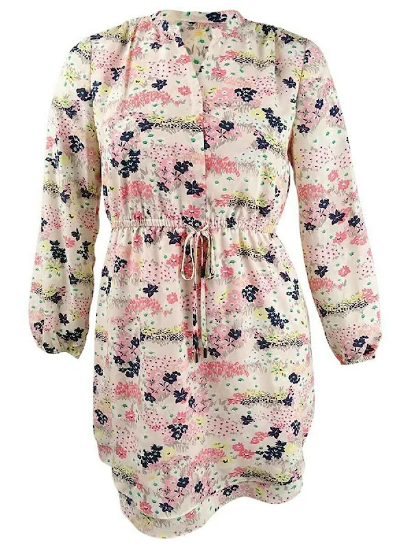 MAISON JULES Womens Drawstring Floral Long Sleeve V Neck Short Shirt Dress