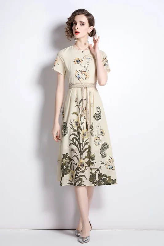 Creamy & Floral print Day A-line Crewneck Short Sleeve Midi Dress