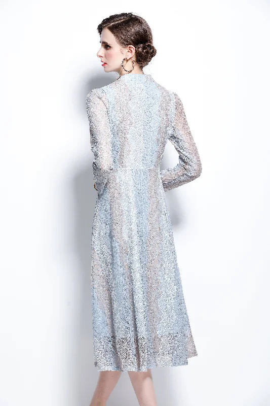 Light blue & Violet Evening A-line Crewneck 3/4 Sleeves Midi Lace Dress