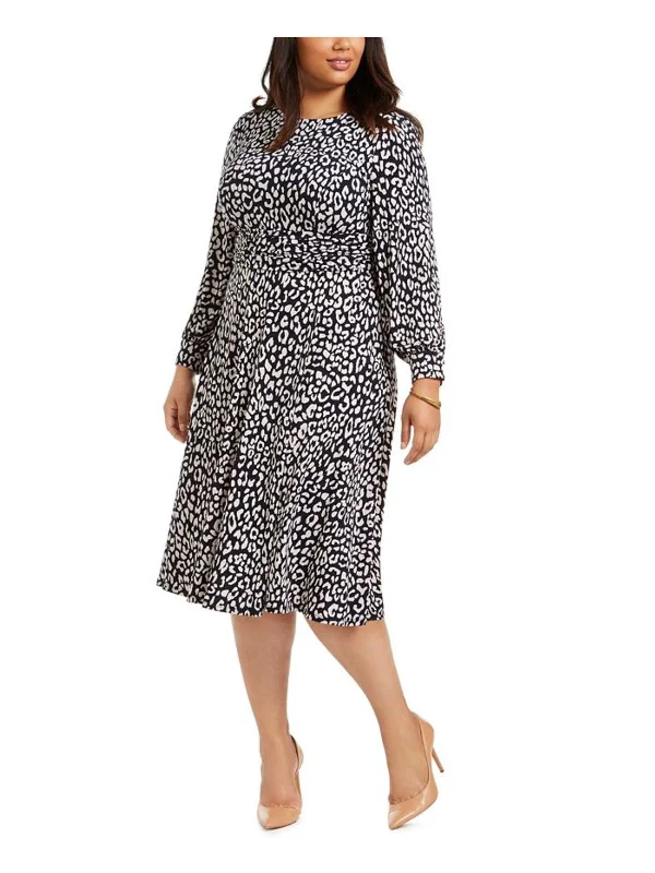 Plus Womens Printed Long Sleeve Midi Dress